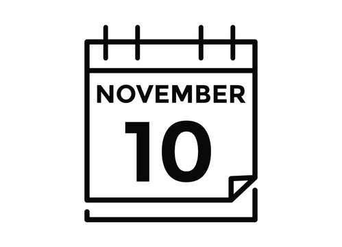 10 November, calendar date icon. 10 November Calendar Date for Deadlines or Appointment. Day, month. vector illustration.
