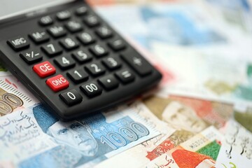 Pakistan rupees banknotes and calculator. The current Pakistan money bills with calculator
