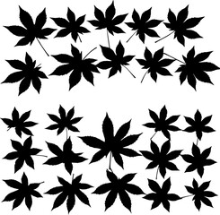 A collection of black silhouette maple leaves arranged in two clusters against a white background.