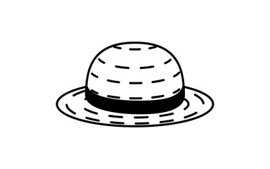 麦わら帽子のシンプルな線画イラスト、夏のイラスト、白黒