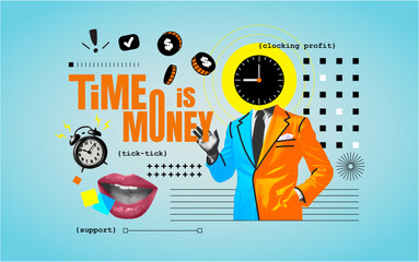 Trendy retro collage poster with symbolic elements representing finance, time, and productivity. Featuring alarm clocks, cutout Businessman, coins. Vector illustration