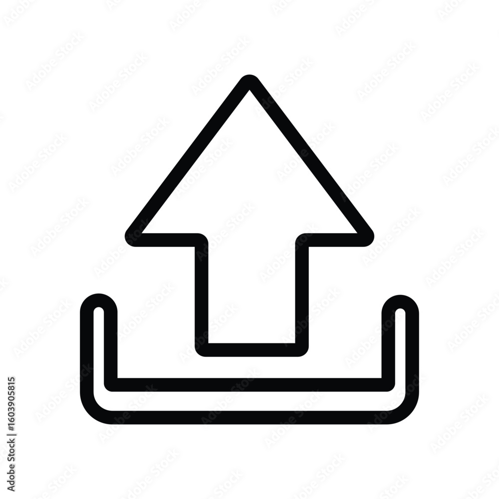 Poster black line art shows an upload icon with an upward arrow over a ushaped container