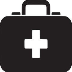 A black and white graphic of a first aid kit with a handle and a white cross in the center front