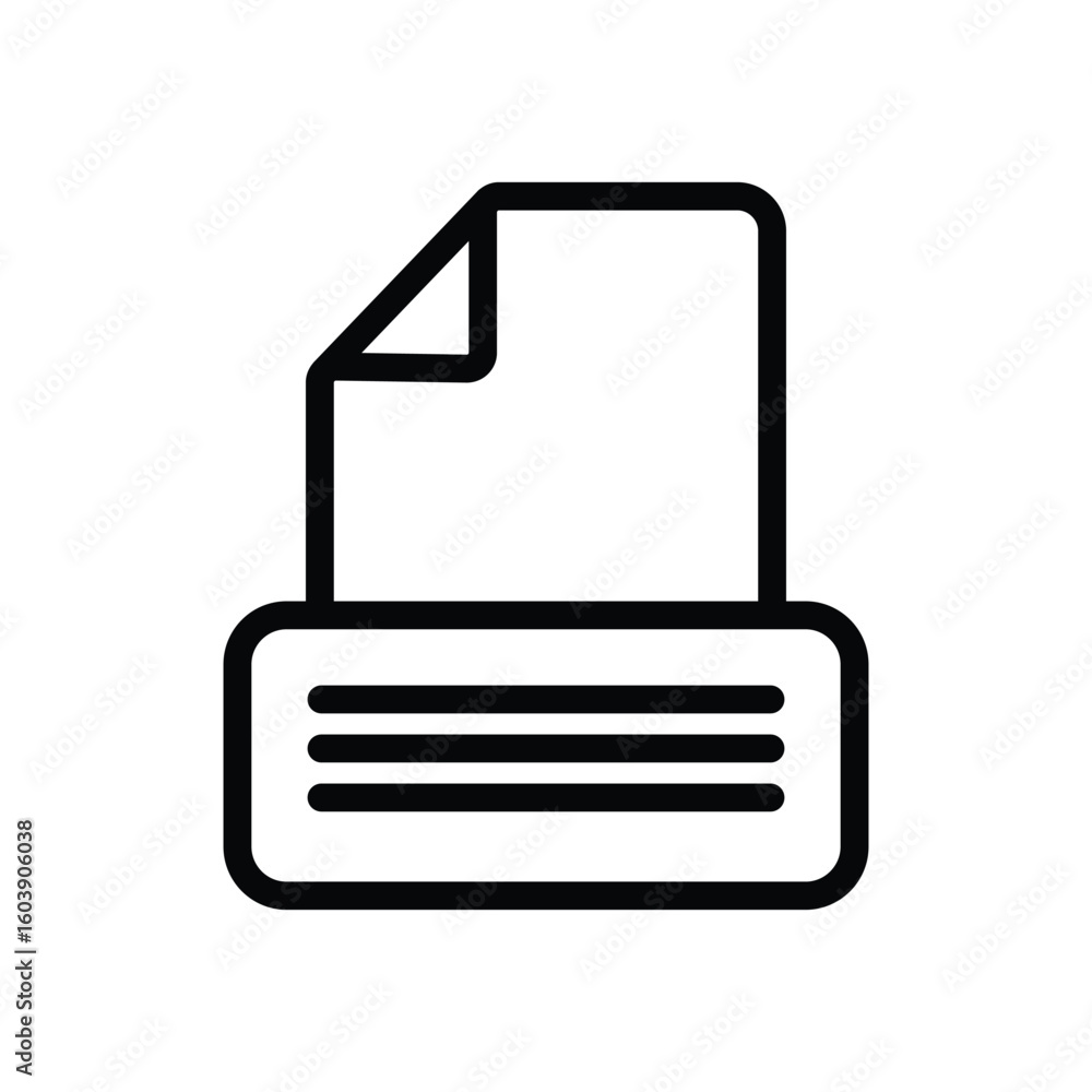 Poster black outline drawing document resting atop a printerlike device with three horizontal lines inside 