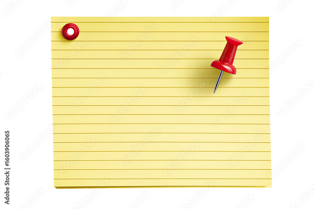 Poster yellow lined notepad with red push pin on transparent background