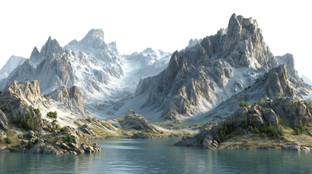 Snowcapped mountains reflected in a serene lake with rocky shores isolated on transparent background