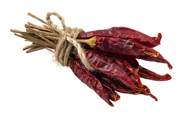 Bunch of dried red chili peppers tied with rope isolated on transparent background
