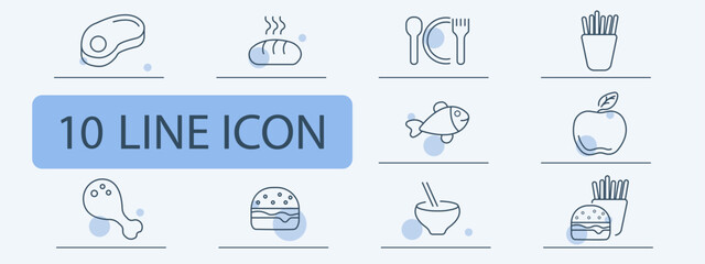 Food set icon. Bread, steak, fish, fries, burger, chopsticks, bowl, plate, apple, chicken outlined in minimal lines for meal and fast food visual context.
