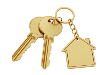 Isolated Golden House Keys with House Shaped Keychain