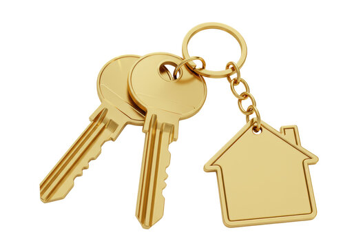 Isolated Golden House Keys with House Shaped Keychain