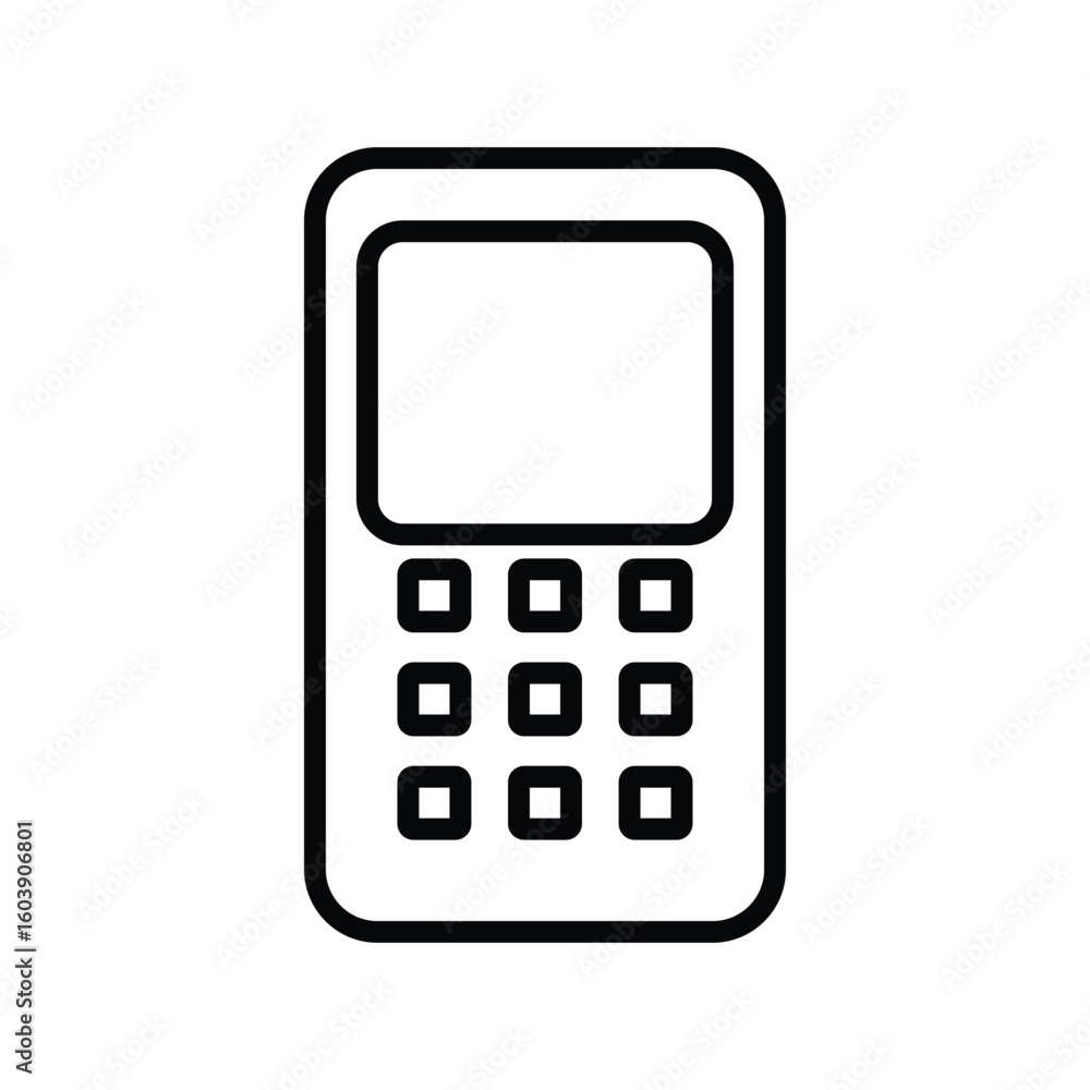 Poster outlined device featuring a screen and a button grid