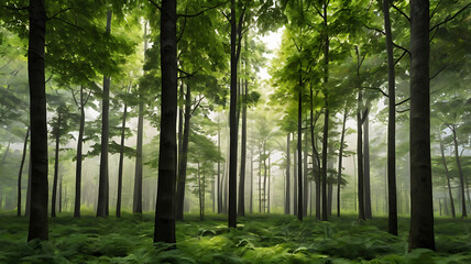 Obraz premium Forest Canopy: An inviting scene of a vibrant forest, where sunlight filters through the dense canopy, casting a serene glow on the lush undergrowth.