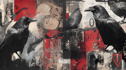 chaotic gothic collage featuring crows perched on twisted branches built from torn acrylic textures photocopy noise burnt edges and hand-painted symbols with raw energy