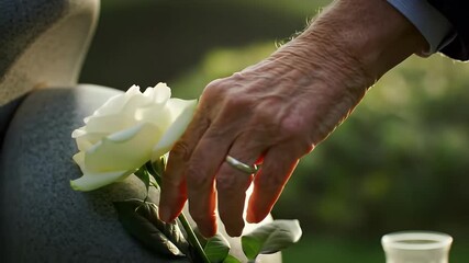 Elderly hand gently places white rose on gravestone, a poignant memorial tribute for fallen veterans and military heroes on a day of remembrance.