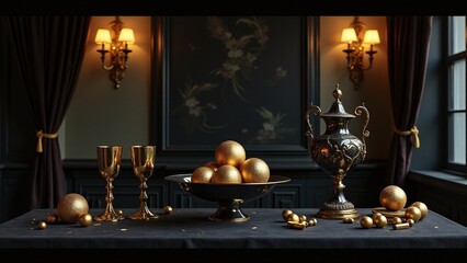 Opulent Still Life with Golden Ornaments and Goblets