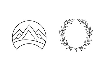 Mountain and laurel wreath emblems peak landscape