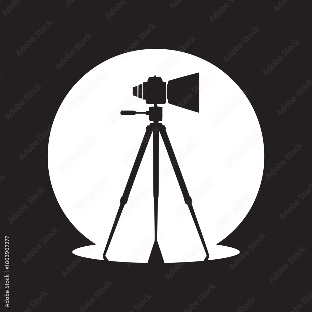 Poster silhouette of a camera on a tripod in front of a white circle against a black background image art