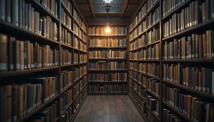 Obraz premium library showcases towering bookshelves densely packed with aged books. A single warm light bulb illuminates the aisle, casting long shadows and creating an atmosphere of knowledge, history, 