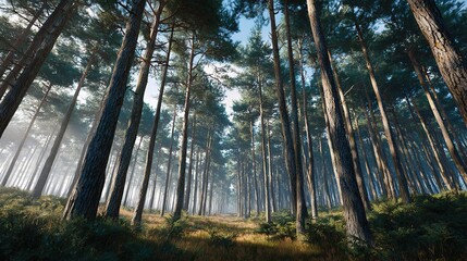 Fototapeta premium Tall pine forest with path winding through green undergrowth under clear sky