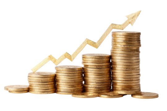 Gold coins stacked in ascending tiers, with a gold upward trending arrow