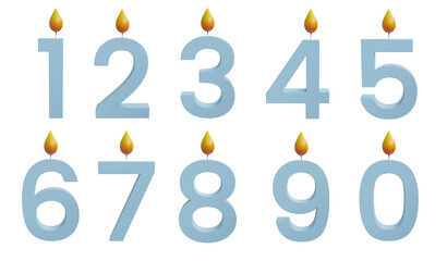 Blue Birthday Cake Candle Numbers Set Isolated on a White Background, 3d render