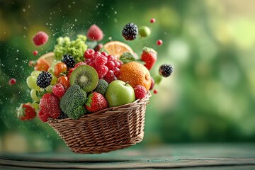 Basket with flying fruit
