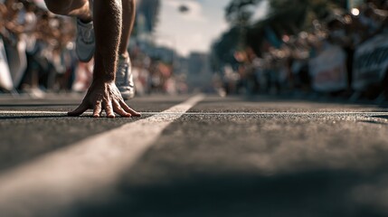 Runner's hand on starting line ready to race with blurred crowd background