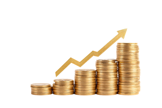 Gold coins stacked in ascending levels, a golden upward arrow superimposed, symbolizing financial growth