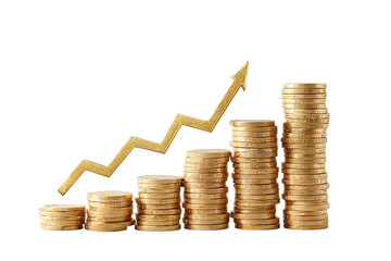 Gold coins stacked in ascending columns, a gold upward trend arrow superimposed