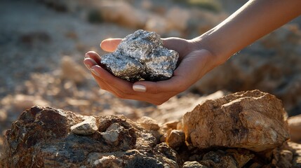 Close up of  person's hands holding  silver ore nugget against  blurred rocky background