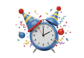 Isolated Festive New Year's Clock with Party Hats and Confetti