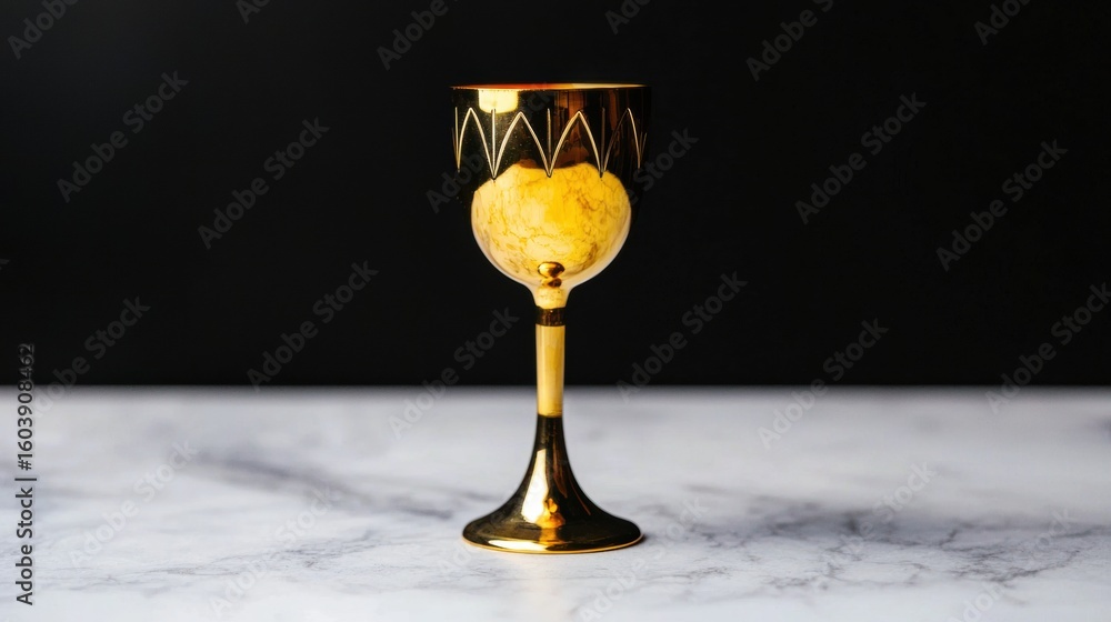Poster a golden goblet with a zigzag pattern on the rim.