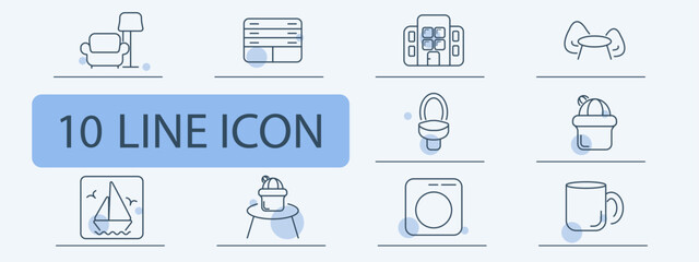 Interior set icon. Sofa, lamp, dresser, house, chair, mug, cactus, art, washing machine, table outlined in minimal lines for home design and furniture theme.