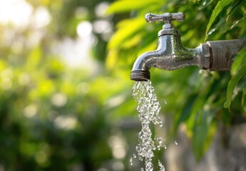 Water flows freely from a weathered metal faucet surrounded by lush greenery evoking freshness conservation and the importance of natural resources.
