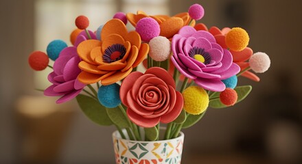 A striking visual of a cheerful and colorful bouquet, where soft felt petals and fuzzy felt balls combine to create a whimsical and inviting decorative accent.