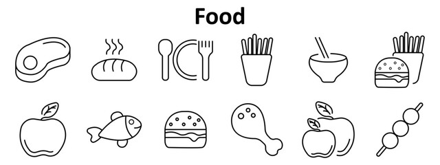 Food set icon. Includes steak, bread, cutlery on plate, fries, bowl, burger, apple, fish, chicken drumstick, double apple, food skewer.