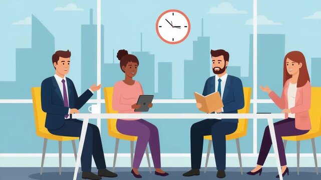 A diverse group of professionals engage in a collaborative meeting around a table in a modern office with a cityscape view, discussing ideas and reviewing documents - Powered by Adobe