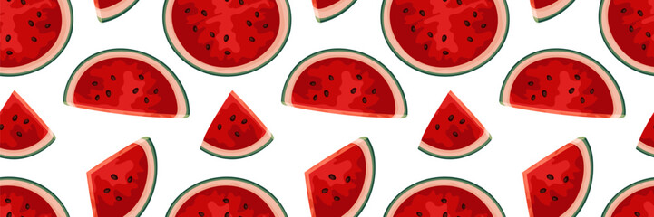 Juicy seamless pattern with watermelon slices. For summer backgrounds, food packaging, fabric prints