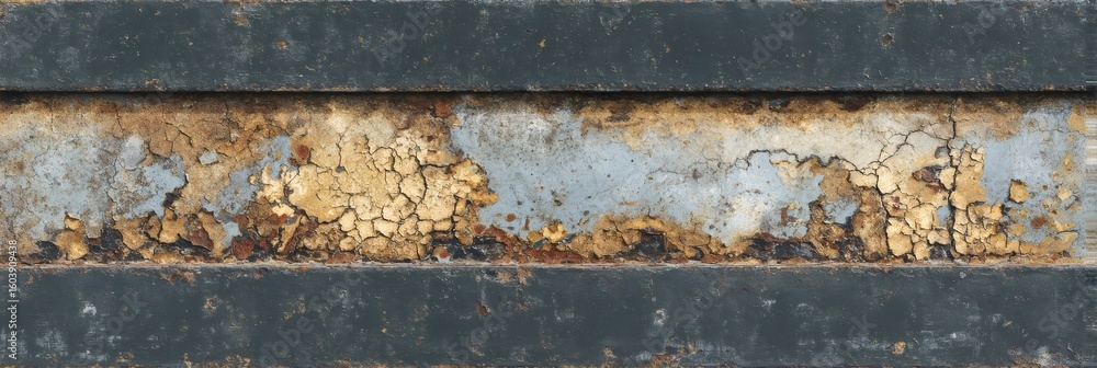 Poster close up of a weathered metal surface with flaking paint and rust. grungy industrial wall texture. a