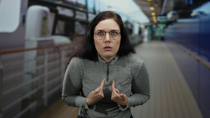 Woman with brunette hair and glasses stands surprised on a cruise ship deck, wearing a grey...