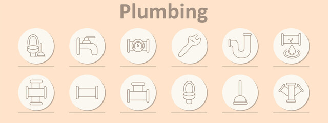 Plumbing set icon. Toilet with plunger, faucet, valve, wrench, U-pipe, leaking pipe, connectors, fittings, toilet, plunger, diverging pipes