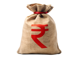 Burlap money bag with indian rupee symbol on transparent background