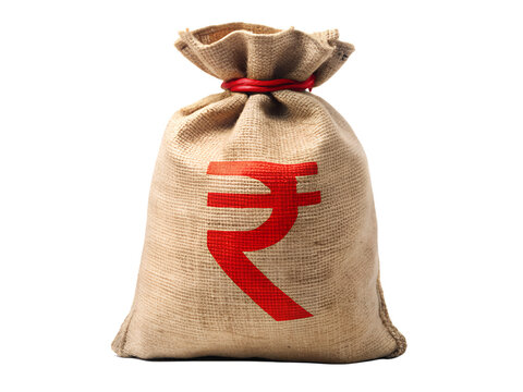 Burlap money bag with indian rupee symbol on transparent background