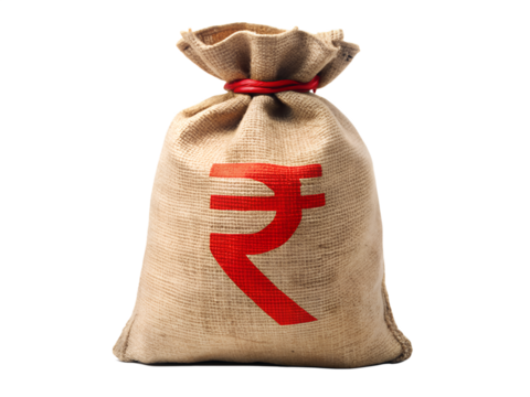 Burlap money bag with indian rupee symbol on transparent background