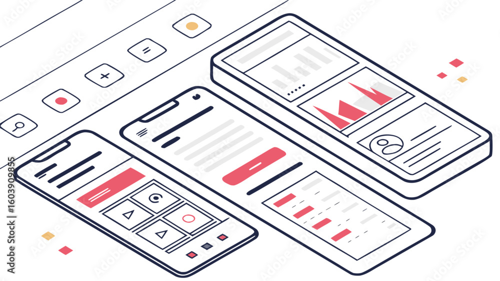 Wall mural isometric view of three mobile phones displaying different user interface designs and desktop elemen