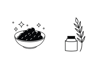 Black caviar in bowl with botanical ingredient food