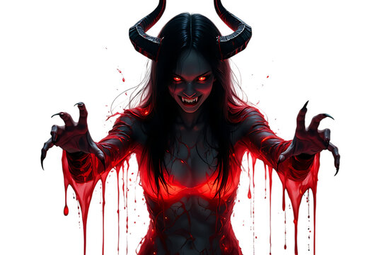 A terrifying demon woman with horns and blood reaches out with clawed hands isolated on transparent background