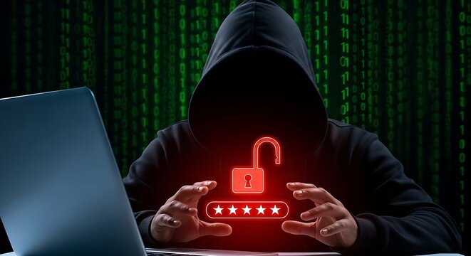 Hooded hacker with glowing padlock and password symbols in front of laptop