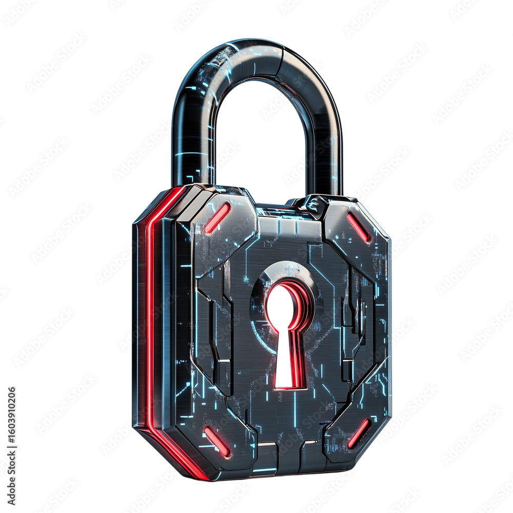 Poster a futuristic padlock with a digital design, featuring glowing elements and a sleek metallic finish, 