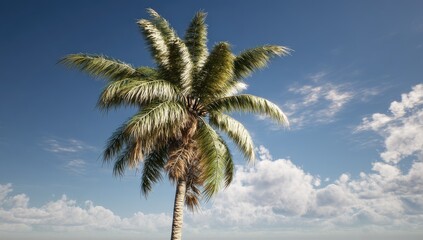Obraz premium A single palm tree stands tall against the clear blue sky, with white clouds in the background.